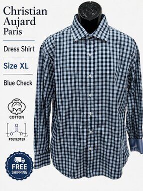 Christian Aujard Paris Men's XL Blue Check Long Sleeve Button Dress Shirt